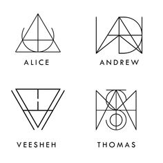 four different types of geometric shapes in black and white, each with an individual's name