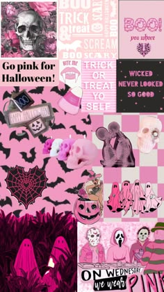 pink and black collage with lots of stickers on it's side,