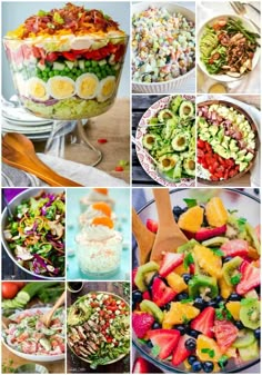 a collage of different salads and desserts