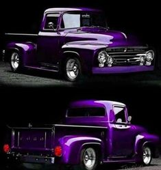 two pictures of an old purple pickup truck