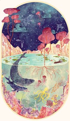 an underwater scene with trees and plants growing from the water's surface, under a night sky filled with stars