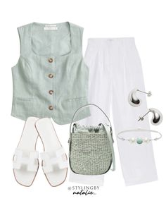 Sage Green Sandals, Waistcoat Woman Outfit, Chloe Bucket Bag, Linen Trousers Outfit, Inspo Looks, Linen Waistcoat, Pant Outfits, White Linen Trousers, Linen Pants Outfit