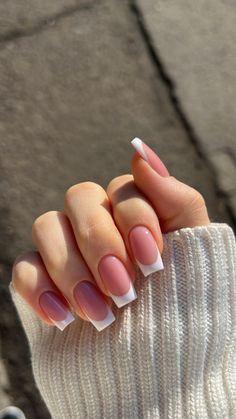 Acrylic Square Nails French Tip, French Nails Pink Base, Milly White Nails, Pinky Nude Nails, Classic Acrylics, Short Frenchies, French Tip Nails Acrylic, Casual Nails