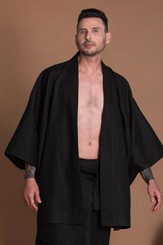 D056M_Open_Front_Short_Flax_Kimono_Jacket Kimono Jacket For Men, Kimono For Men, Black Kimono, Linen Jackets, Open Front Jacket, Short Kimono