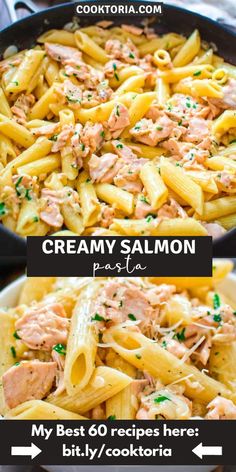 creamy salmon pasta in a skillet with parsley on top and the recipe below