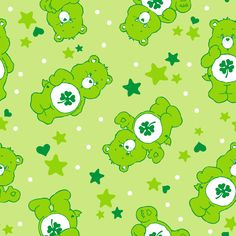 green teddy bears with shamrocks and stars on a light green background seamless wallpaper