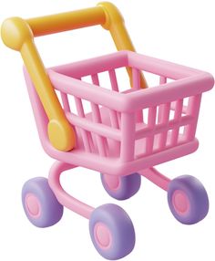 a pink toy shopping cart with yellow handles