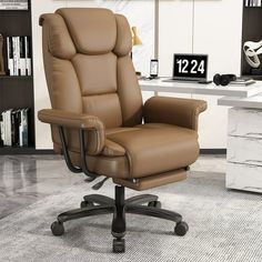 Reclining Office Chair With Footrest, Big and Tall Office Chair, Office Chair for Heavy People 400lbs, Executive Office Chair 1. Thick Padded Office Chair: Headrest, footrest, backrest, cushion and armrests of reclining office chair with footrest are all thick padded, soft wrap your body and provide strong support. The leather is breathable, so the big and tall office chair won't get too warm even sit for a long time. High Back Office Chair 2. Thick Padded Office Chair Footrest: You not only have a comfortable office chair, but also a good place to nap. When you need to rest after long hours working or studying, just easily pull out the footrest, your legs can get fully relaxation your legs. Specification Office Chair with Footrest Maximum Load: 400lbs(Recommended weight 175-300 pounds) Ov Brown Leather Office Chair, Office Chair Back Support, Reclining Office Chair, Chair With Footrest, Executive Office Chair, Boss Office, Comfortable Office Chair, High Back Office Chair, Comfortable Office