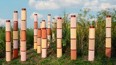 a bunch of poles that are standing in the grass near some bushes and trees with clouds in the background