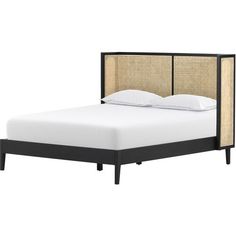 a bed with a wooden headboard and white sheets on it's sides, in front of a white background