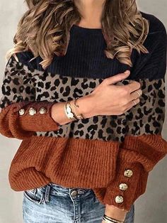 Multi Casual Graphic Tops Round Neck Long Sleeve Patchwork Printed Sweaters Cheap Sweaters Online, Casual Pullover Sweater, Leopard Sweater, Graphic Tops, Pullover Sweater Women, Casual Sweaters, Printed Sweater, Casual Pullover, Jumper Sweater