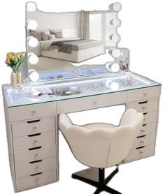 a white desk with a chair and mirror