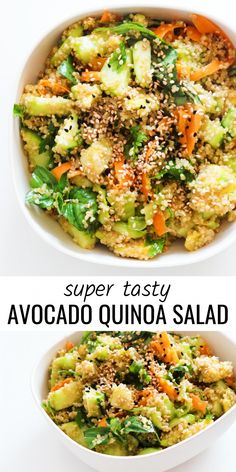 two bowls filled with different types of food and the words super tasty avocado quinoa salad