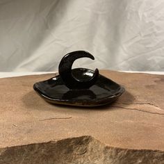 a small black object sitting on top of a rock