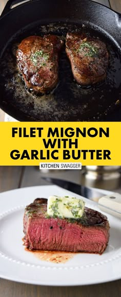 two steaks cooking in a cast iron skillet with garlic butter on the side