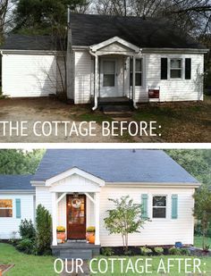 before and after photos of a white cottage