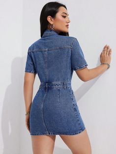 Stay cool and stylish this summer with our Flap Pocket Button Front Denim Dress. Made with lightweight, breathable fabric, it features a button front and flap pockets for a trendy look. Perfect for any summer occasion, this dress will keep you comfortable and on-trend all season long. Type : Shirt Style : Casual Details : Button, Pocket Neckline : Collar Waist Line : High Waist Hem Shaped : Straight Sleeve Type : Regular Sleeve Color : Light Wash Pattern Type : Plain Sleeve Length : Short Sleeve Length : Knee Length Fit Type : Regular Fit Fabric : Non-Stretch Material : Denim Composition : 89% Cotton, 6% Polyester, 5% Viscose Care Instructions : Machine wash, do not dry clean Sheer : No Size US Shoulder Length Sleeve Length Bust Waist Size Hip Size Cuff XS 2 16.9 30.7 8 37 27.6 37 12 S 4 1 Medium Wash Summer Dress With Buttoned Pockets, Casual Solid Color Denim Dress, Summer Cotton Denim Dress With Buttoned Pockets, Denim Blue Dress With Pockets For Day Out, Summer Denim Dress With Buttoned Pockets, Casual Blue Denim Dress With Buttoned Pockets, Casual Dark Wash Denim Dress With Buttoned Pockets, Fitted Denim Dress With Buttoned Pockets For Day Out, Summer Denim Dress With Buttoned Pockets In Medium Wash