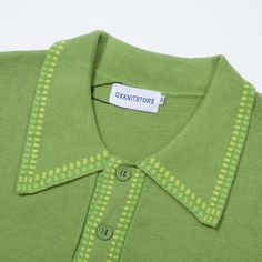 - Knitted Polo- 100% cotton yarn- Unlined- Regular fit- Machine washable Fabric & Care- Delicate Machine Wash at 30 degrees(86℉) with similar colors.- Iron inside out on low temperature.- Store flat.- Do not tumble dry.- Do not bleach. Fitted Collared Cotton Sweater, Retro Collared Cotton Sweater, Retro Cotton Collared Sweater, Green Textured Knit Cotton Tops, Green Cotton Knitted Tops, Green Knitted Cotton Tops, Green Cotton Sweater With Ribbed Collar, Retro Green Cotton Sweater, Seventies Fashion