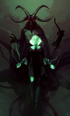 a woman standing in front of a demon