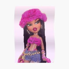 a barbie doll with pink fur on it's head and hand in her other hand