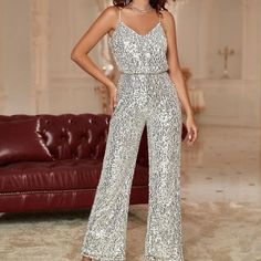 Brand New And Never Worn Chic Sleeveless Sequined Jumpsuit, Sleeveless Sequin Jumpsuits And Rompers For Date Night, Sequin Sleeveless Jumpsuits And Rompers For Date Night, Chic Sequined Summer Jumpsuits And Rompers, Chic Sequined Jumpsuits And Rompers For Summer, Spring Sequin Jumpsuits And Rompers For Night Out, Glamorous Spring Party Jumpsuits And Rompers, Sequined Jumpsuits And Rompers For Spring Party, Spring Party Jumpsuits And Rompers With Sequins