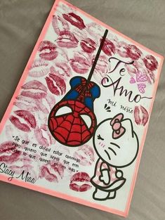 a drawing of a spiderman kissing a woman's face with lipstick on it