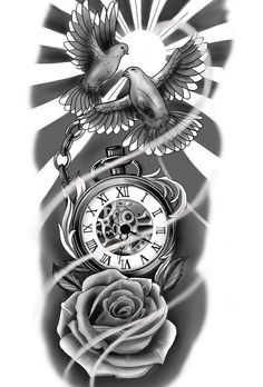 a black and white drawing of an eagle with a clock on it's arm