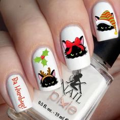 Xmas Tattoo, Xmas Cat, Cat Nail Art, Witch Nails, Water Nails, Geometric Nail, Creative Nail Designs, Nails White, Cat Nails