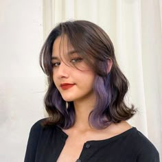 Purple In Hair Subtle, Lilac Hair Peekaboo, Purple Dip Dye Hair Black, Undercolor Hair Ideas Purple, Peekaboo Curtain Bangs, Undercolor Hair Purple, Half Died Under Hair Purple, Dyed Hair Undercut, Underlayer Peekaboo