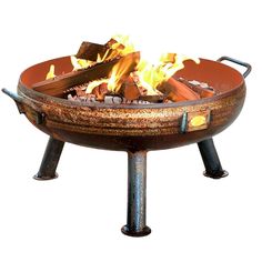 an outdoor fire pit with flames and logs on it's sides, isolated against a white background