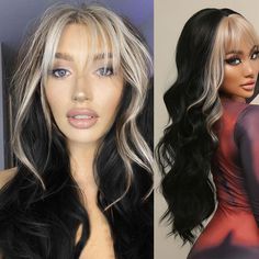 PRICES MAY VARY. 【Premium Material】：The long black mix blonde wavy wig is made of high-temperature resistant synthetic fiber and stands heat up to 120℃ (250℉). It is not only soft and full,but also natural and bouncy. Easy to comb and not easily tangle and hair loss. 【Style and Benefits】:This Long black mix blonde wavy wig is soft, full, and thick. 26 inches long, Long Wave Wig is suitable for any face shape. A natural wavy and stylish appearance helps you change your style and become more confi Sam Haircut, Blonde Money Piece Dark Hair, Bangs With Highlights, Blonde Underneath Hair, Highlight Hair, Black Wigs, Blonde Bangs, Hair Color Underneath, Hair Inspiration Long