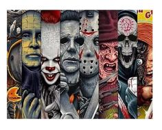 a collage of different images with clowns and other characters on the same wall