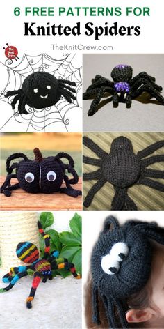 crochet patterns for knitted spiders with text overlay that reads 6 free patterns for knitted spiders