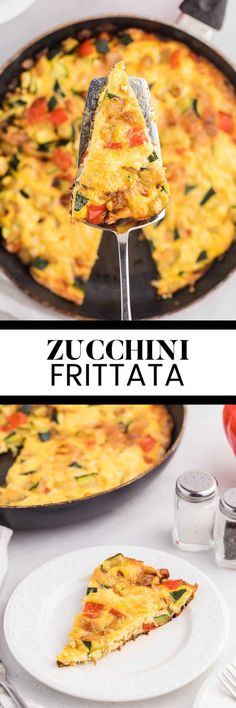 a slice of zucchini frittata is being lifted from a skillet