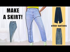 a woman in yellow shirt standing next to a pair of blue jeans with the words make a skirt on it