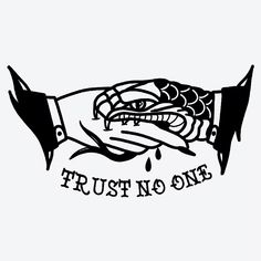 a black and white drawing of a fish with the words trust no one on it