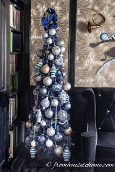 Blue Christmas Tree With Blue And White Ornaments White Pencil Christmas Tree, Glam Christmas Decor