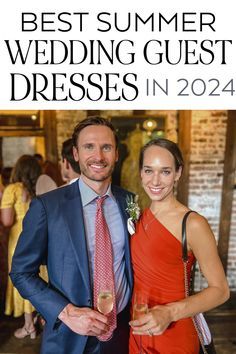 a man and woman standing next to each other in front of a sign that says best summer wedding guest dresses in 2014