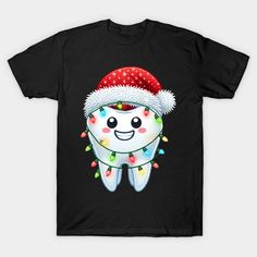 a tooth wearing a santa hat and christmas lights on it's teeth t - shirt