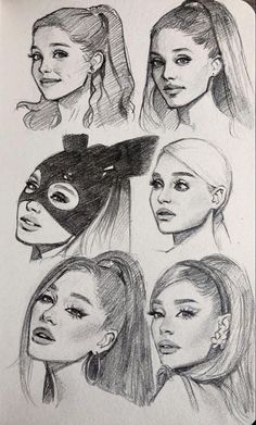 a pencil drawing of different female faces