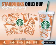 starbucks cup with butterfly wings on it and the words starbucks's cold drink in front