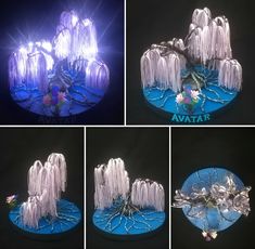 four different images of an artificial fountain made out of plastic and led lights are shown