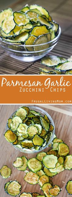 an image of some food on a wooden table with the words panesan garlic zucchini chips