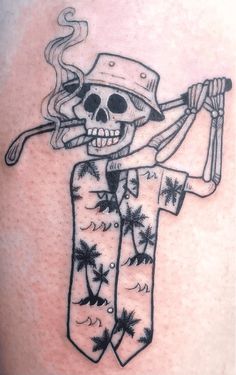 Skeleton On Beach Tattoo, Golf Tattoo, Simple Leg Tattoos, Traditional Tattoo Man, Virgo Tattoo Designs, Cowboy Tattoos, Skull Sleeve Tattoos, Skull Sleeve, Western Tattoos