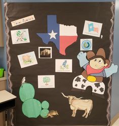 a bulletin board with pictures and stickers on it in the shape of a texas map