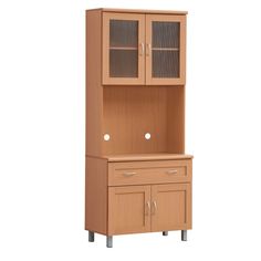 a wooden cabinet with glass doors and drawers