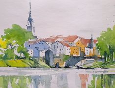 a watercolor painting of some houses by the river