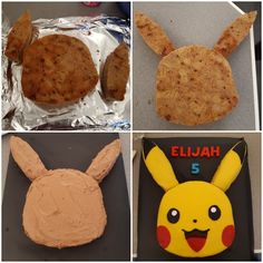 four different pictures of cookies and cakes with pokemon characters on them