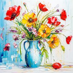 a painting of red and yellow flowers in a blue vase