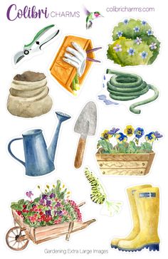 watercolor illustration of gardening items and flowers